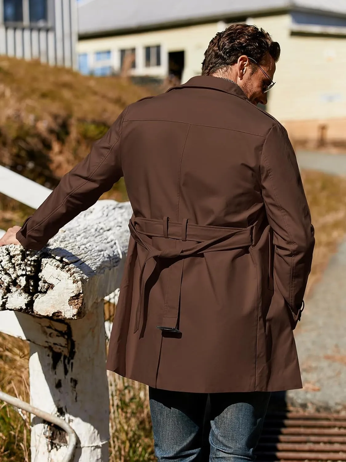 Pretifeel Mens Trench Coat Slim Fit Double Breasted Long Jacket Notched Lapel Belt Fall Windproof Coat