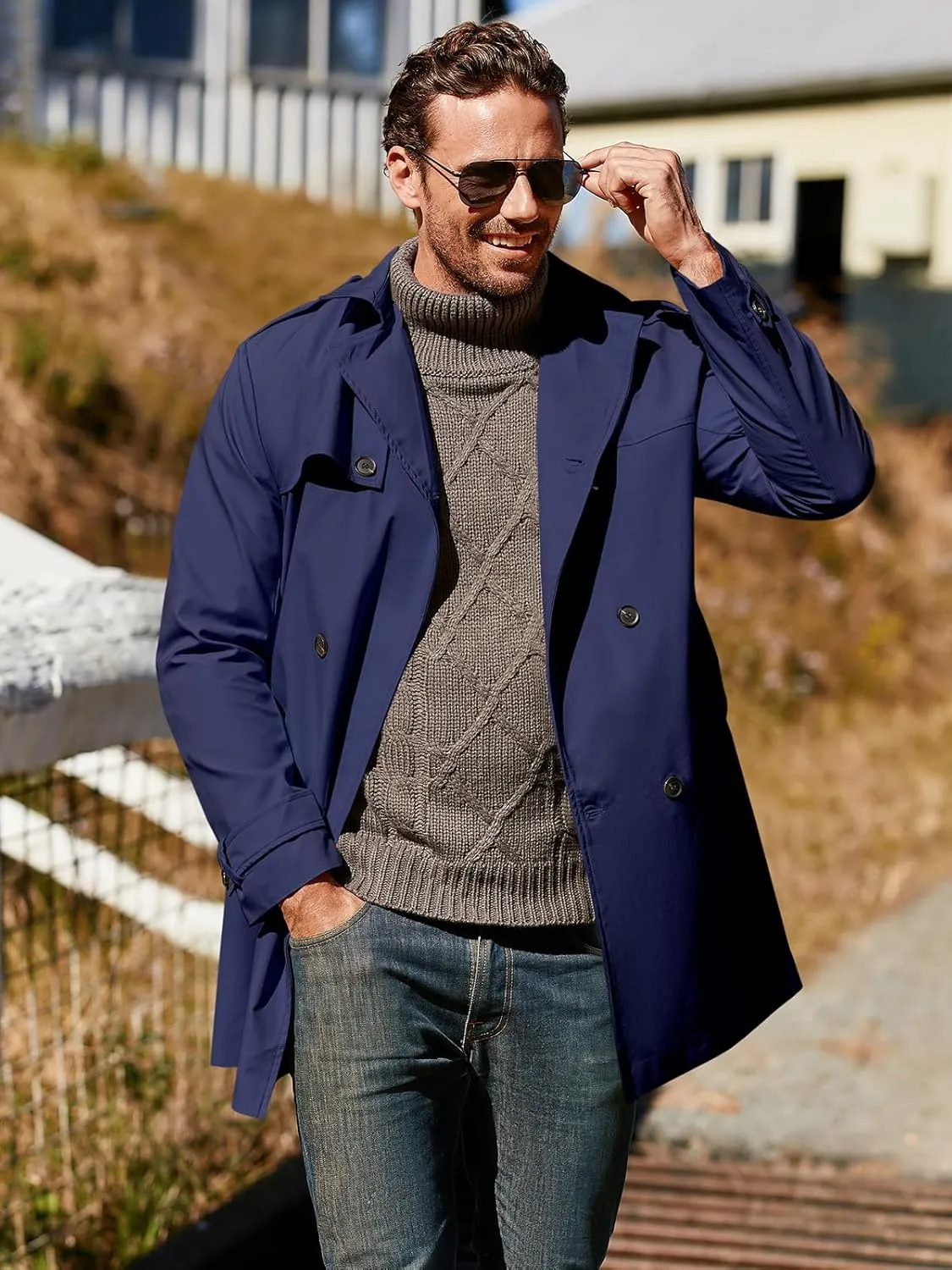 Pretifeel Mens Trench Coat Slim Fit Double Breasted Long Jacket Notched Lapel Belt Fall Windproof Coat