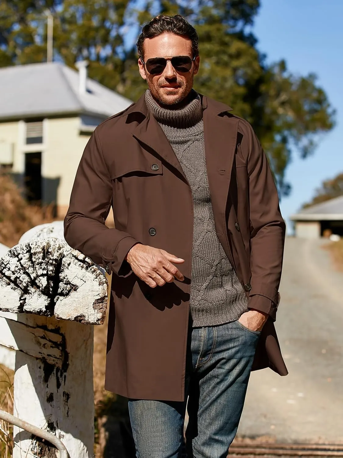 Pretifeel Mens Trench Coat Slim Fit Double Breasted Long Jacket Notched Lapel Belt Fall Windproof Coat
