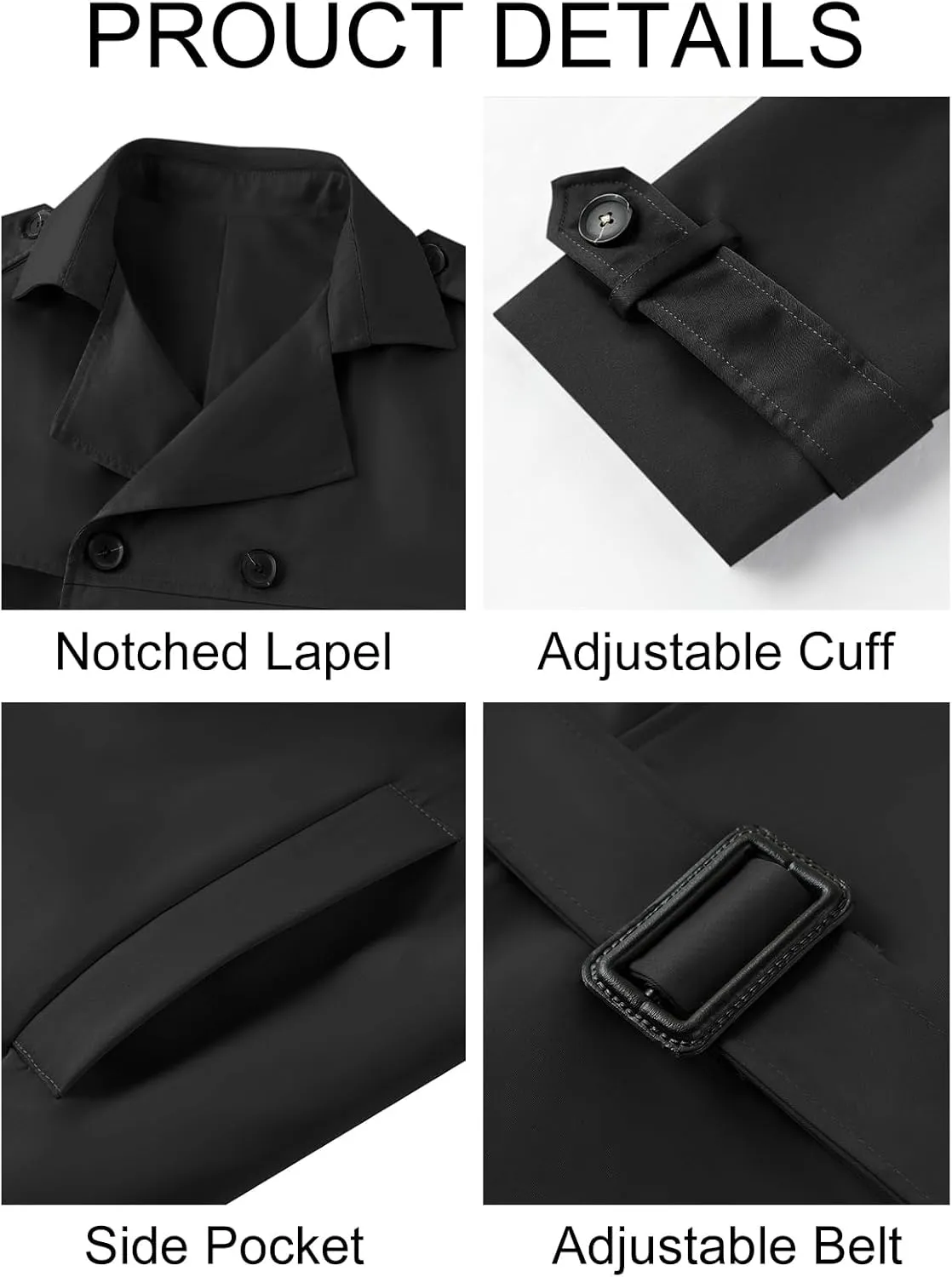 Pretifeel Mens Trench Coat Slim Fit Double Breasted Long Jacket Notched Lapel Belt Fall Windproof Coat