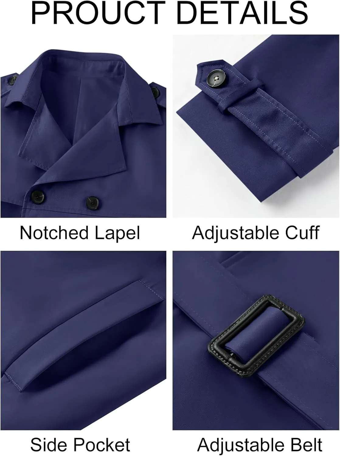 Pretifeel Mens Trench Coat Slim Fit Double Breasted Long Jacket Notched Lapel Belt Fall Windproof Coat