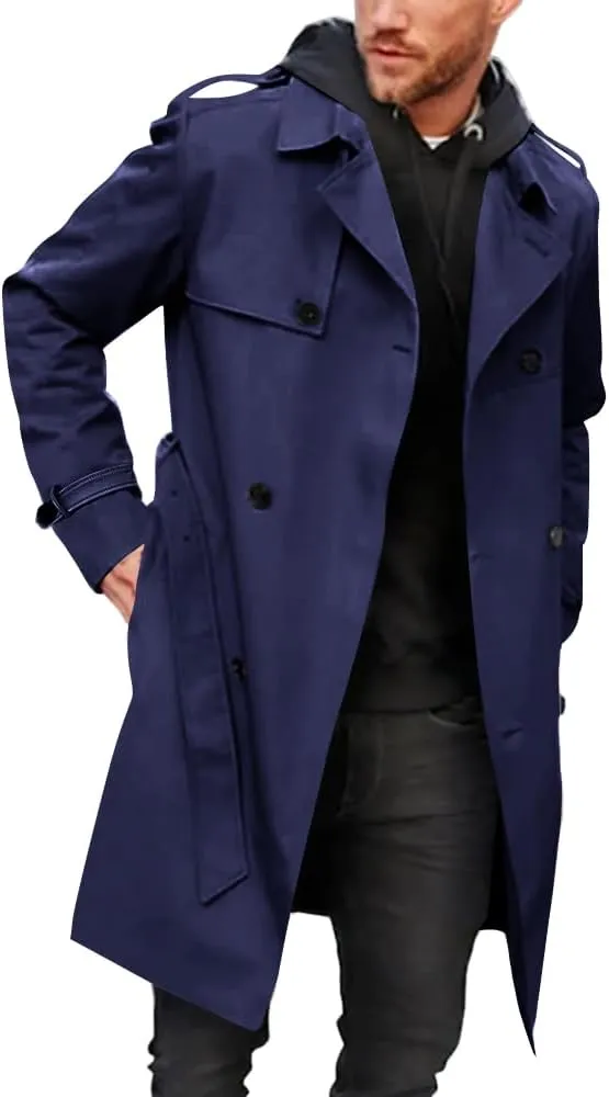 Pretifeel Mens Trench Coat Slim Fit Double Breasted Long Jacket Notched Lapel Belt Fall Windproof Coat