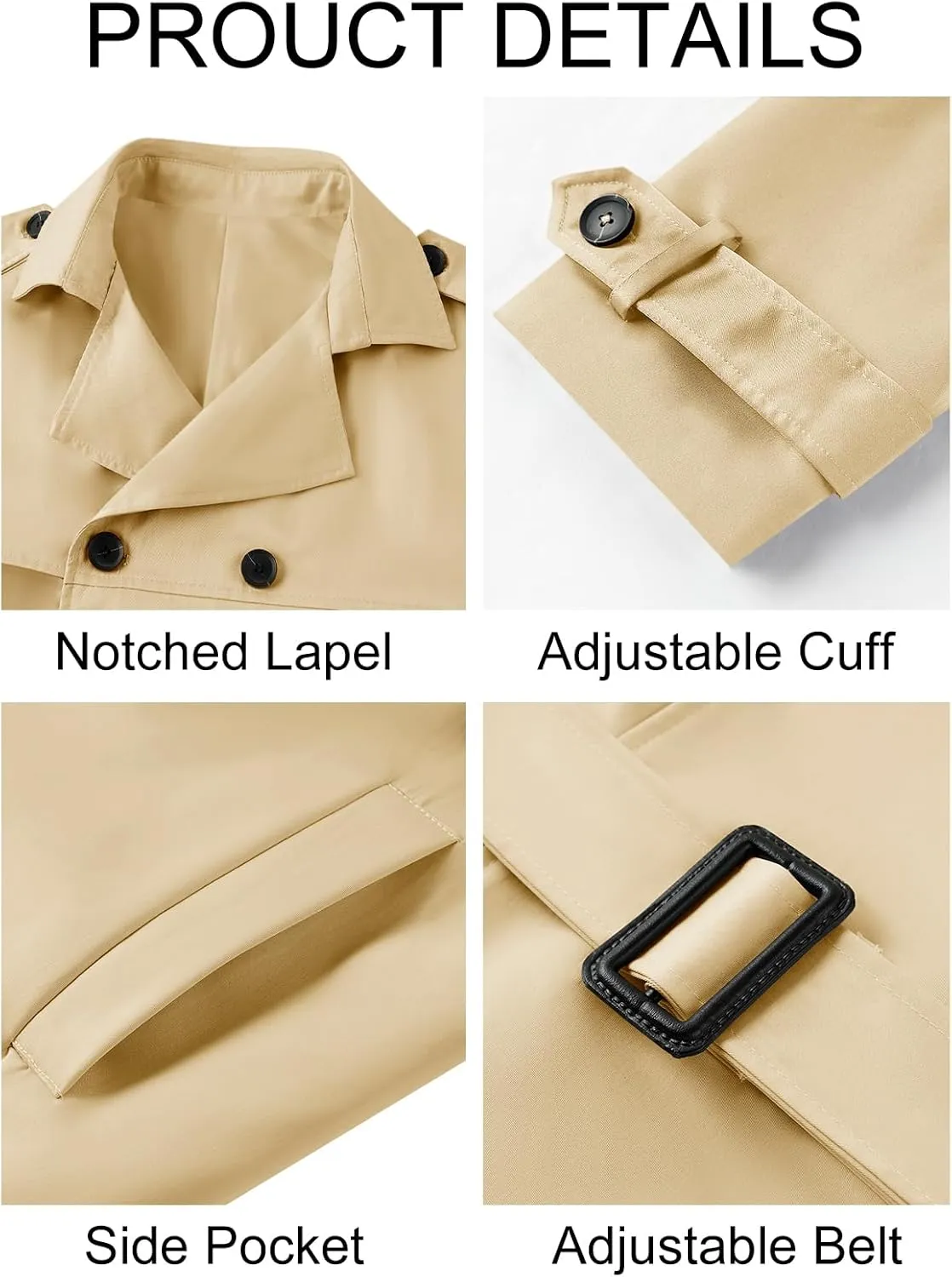 Pretifeel Mens Trench Coat Slim Fit Double Breasted Long Jacket Notched Lapel Belt Fall Windproof Coat