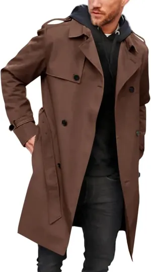 Pretifeel Mens Trench Coat Slim Fit Double Breasted Long Jacket Notched Lapel Belt Fall Windproof Coat