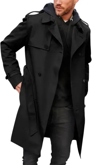 Pretifeel Mens Trench Coat Slim Fit Double Breasted Long Jacket Notched Lapel Belt Fall Windproof Coat