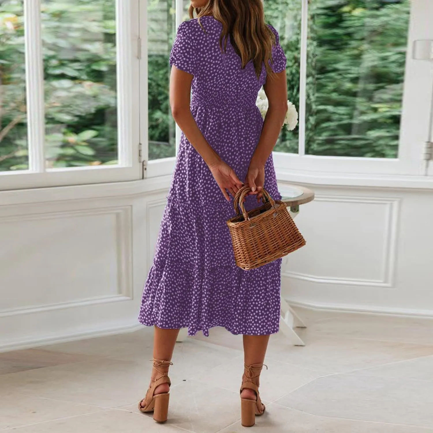PTOLOCIF Women 2024 Casual Maxi Dress Casual Square Neck Ruffle Smocked Boho Flowy Dress Short Sleeve Floral Print Sundresses