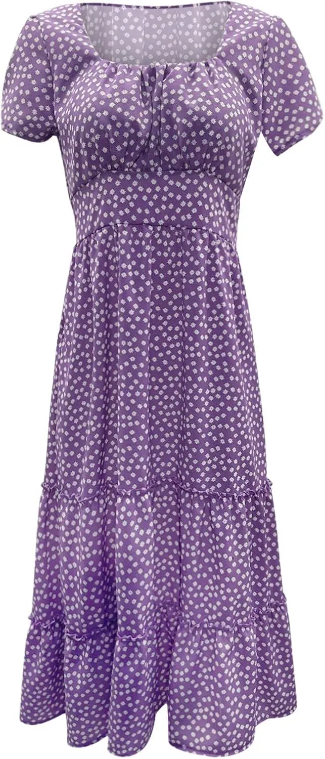 PTOLOCIF Women 2024 Casual Maxi Dress Casual Square Neck Ruffle Smocked Boho Flowy Dress Short Sleeve Floral Print Sundresses