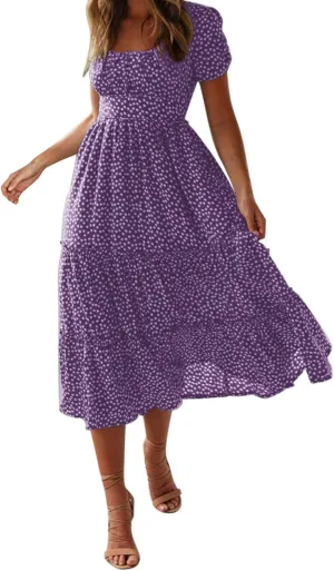 PTOLOCIF Women 2024 Casual Maxi Dress Casual Square Neck Ruffle Smocked Boho Flowy Dress Short Sleeve Floral Print Sundresses