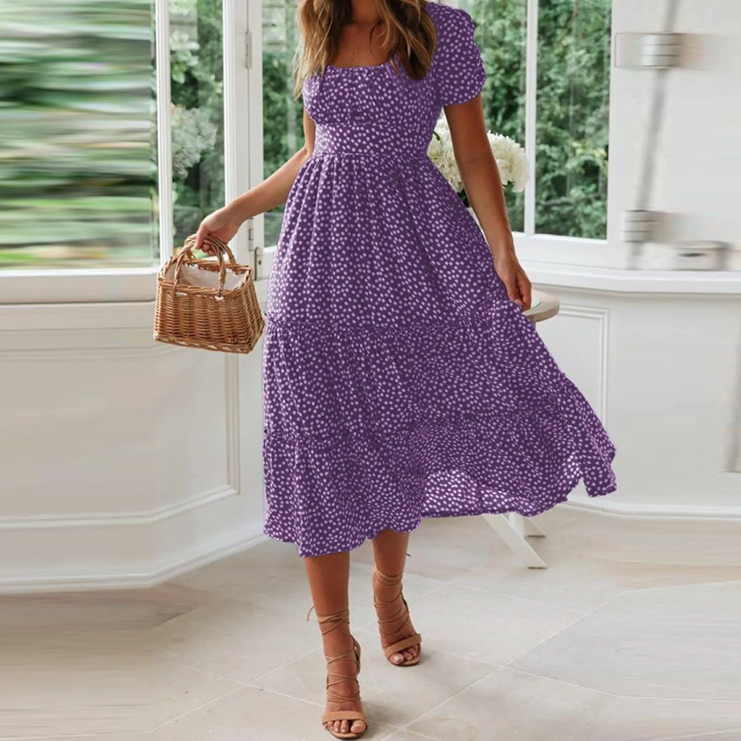 PTOLOCIF Women 2024 Casual Maxi Dress Casual Square Neck Ruffle Smocked Boho Flowy Dress Short Sleeve Floral Print Sundresses