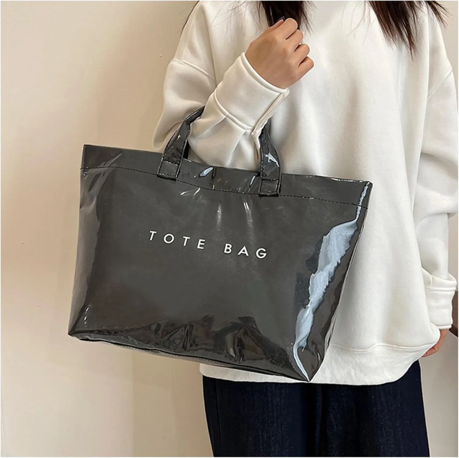 PVC Tote Bags for Women Letter Print Kraft Paper Plastic Tote Bags with Handles Clear Plastic Handbag Shopping Bag