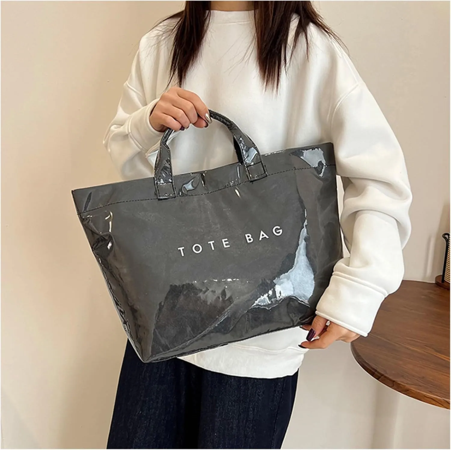 PVC Tote Bags for Women Letter Print Kraft Paper Plastic Tote Bags with Handles Clear Plastic Handbag Shopping Bag