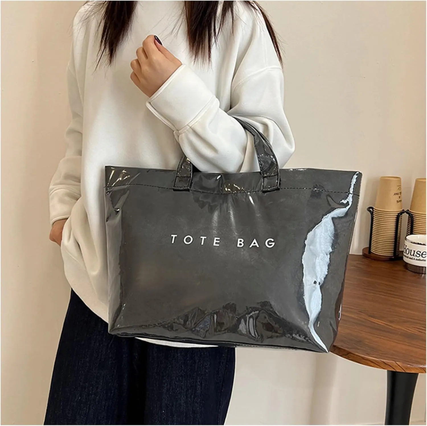 PVC Tote Bags for Women Letter Print Kraft Paper Plastic Tote Bags with Handles Clear Plastic Handbag Shopping Bag