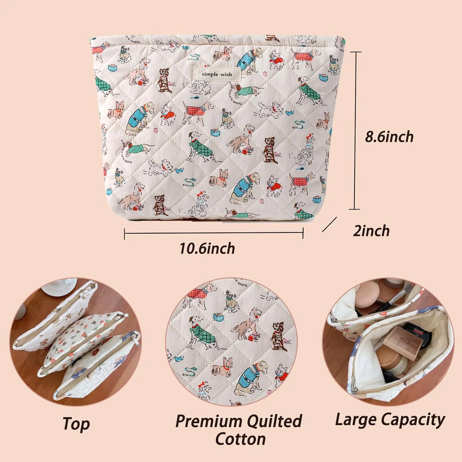 Quilted Cotton Makeup bag Cute Animal Cosmetic bag,Cotton Aesthetic Makeup Bag Large Capacity Travel Toiletry Bag for Women and Girls(01Dog)