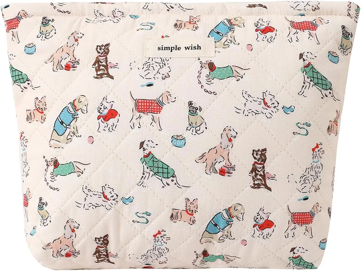 Quilted Cotton Makeup bag Cute Animal Cosmetic bag,Cotton Aesthetic Makeup Bag Large Capacity Travel Toiletry Bag for Women and Girls(01Dog)
