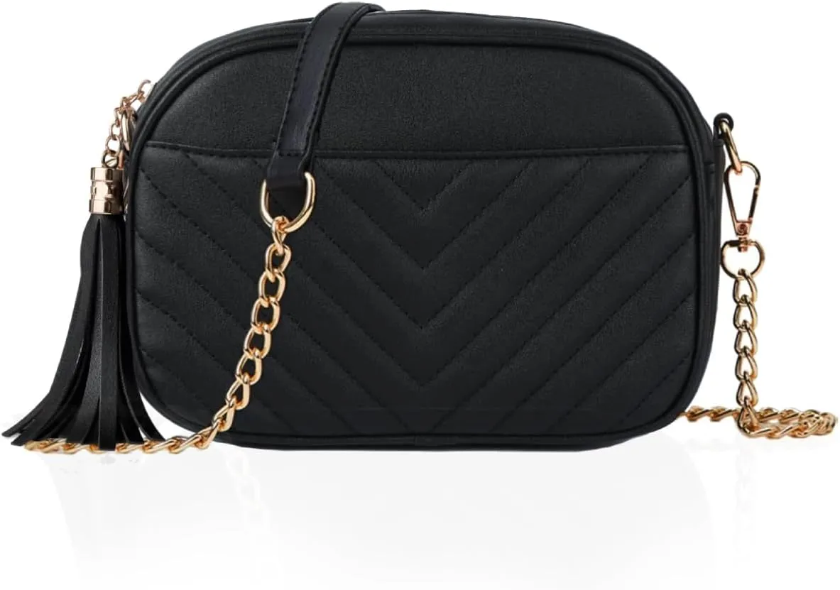 Quilted Small Crossbody Bags Purses for Women Shoulder Bag Satchel Purse with Multi Zipper Pockets, Black