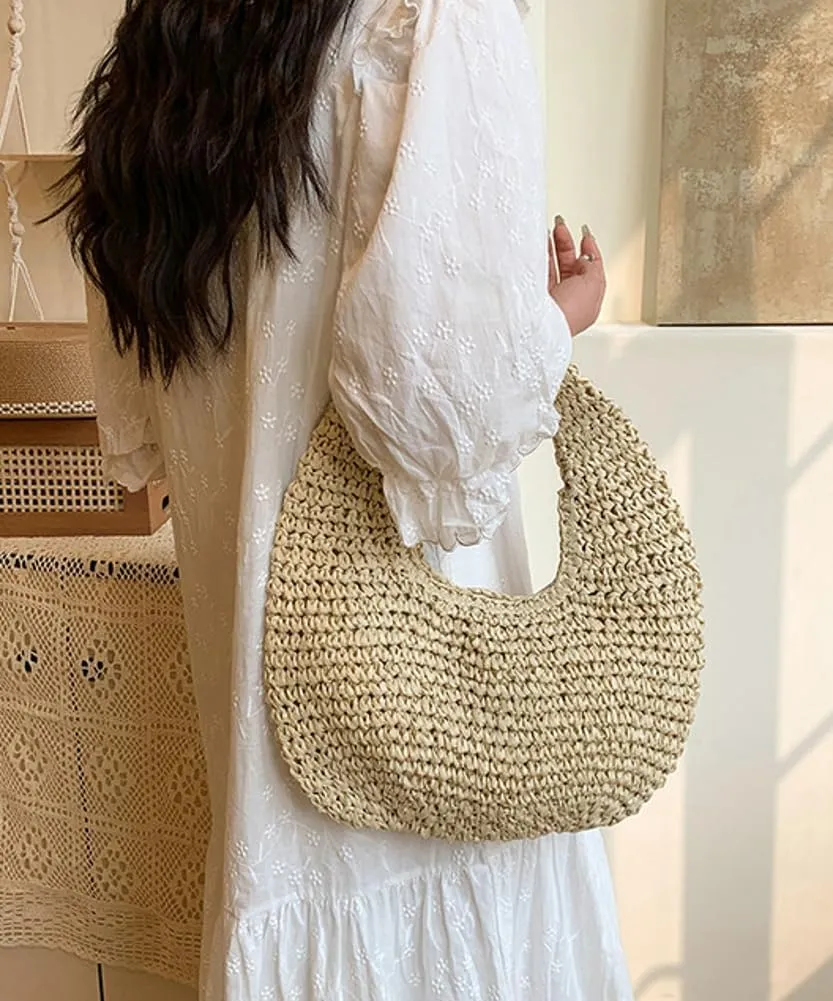 Raffia Tote Bag Women 2025 Summer Handbag Straw Woven Crescent Clutch Cloud Beach Purse Vacation Solid Hobo Shoulder Bag