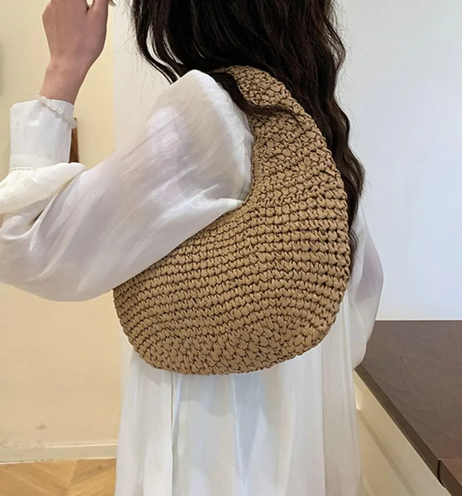 Raffia Tote Bag Women 2025 Summer Handbag Straw Woven Crescent Clutch Cloud Beach Purse Vacation Solid Hobo Shoulder Bag