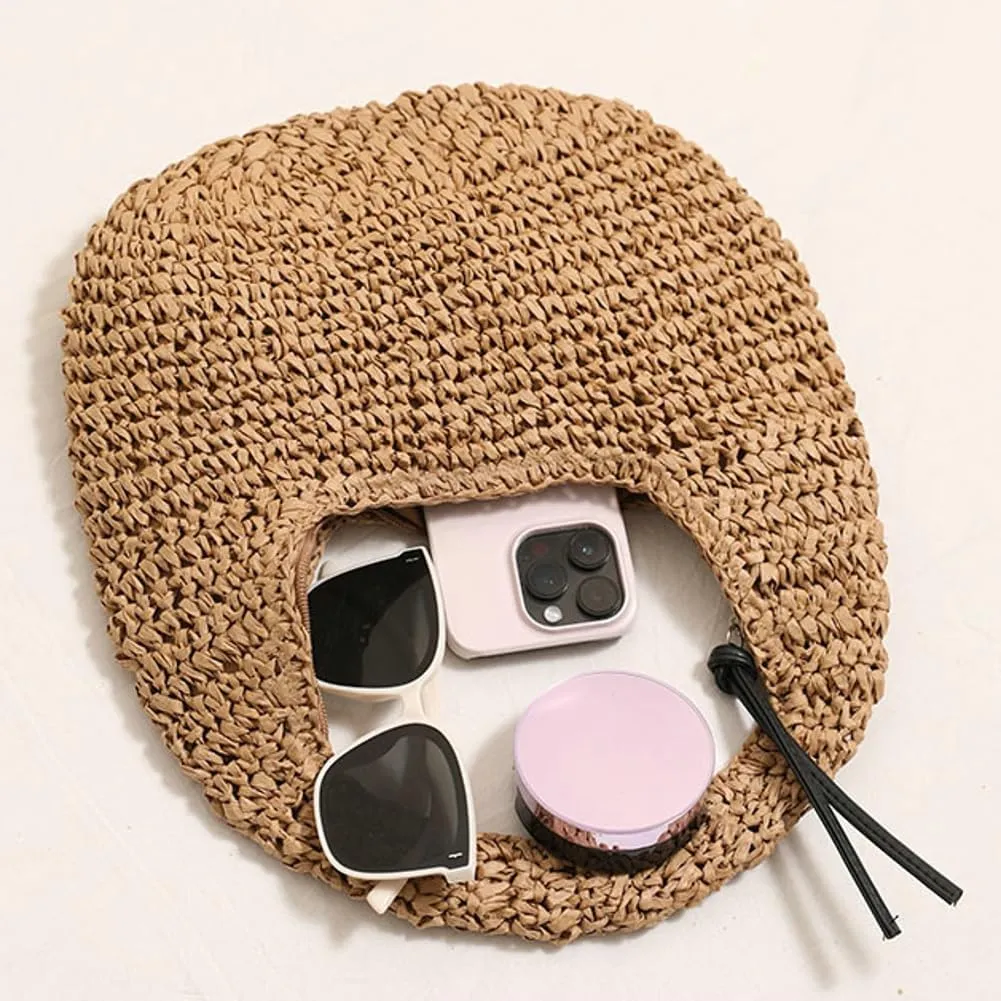 Raffia Tote Bag Women 2025 Summer Handbag Straw Woven Crescent Clutch Cloud Beach Purse Vacation Solid Hobo Shoulder Bag