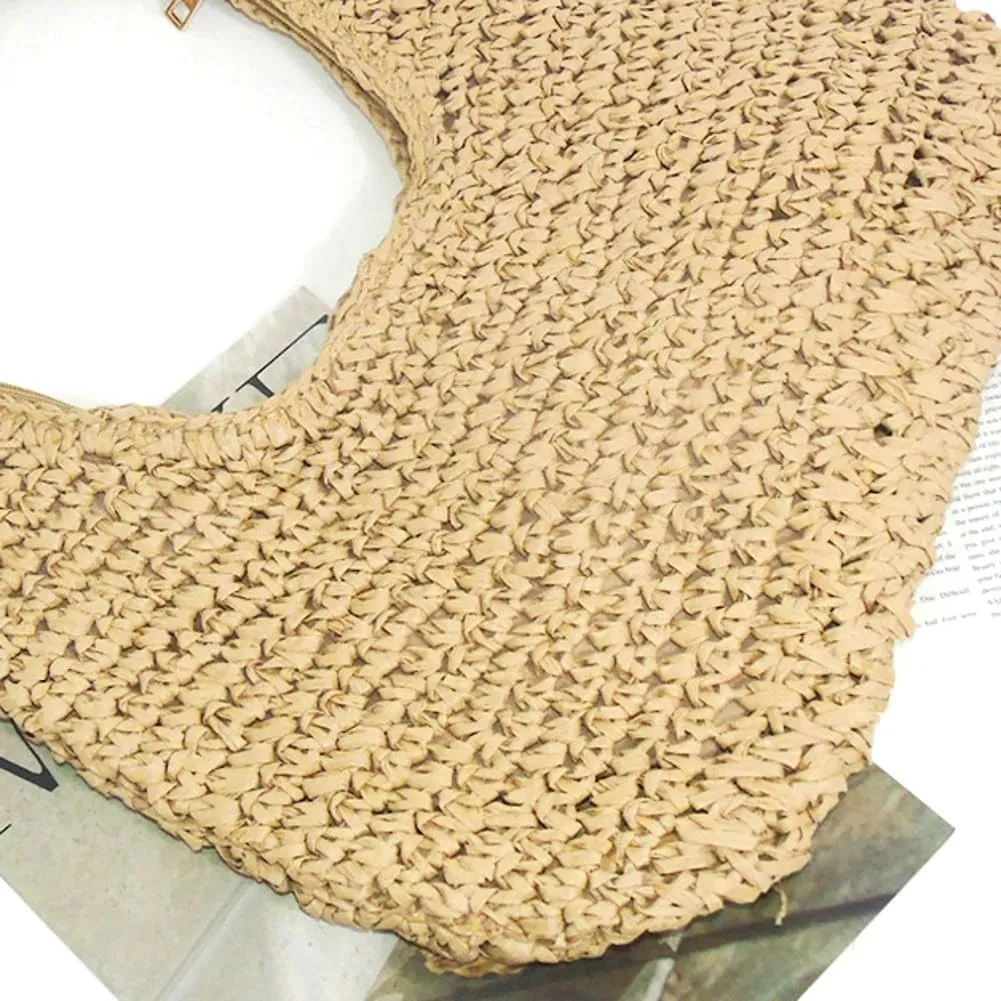 Raffia Tote Bag Women 2025 Summer Handbag Straw Woven Crescent Clutch Cloud Beach Purse Vacation Solid Hobo Shoulder Bag
