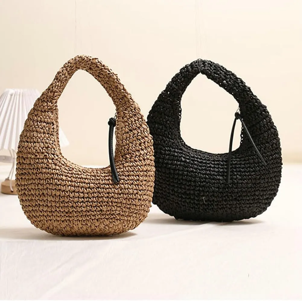 Raffia Tote Bag Women 2025 Summer Handbag Straw Woven Crescent Clutch Cloud Beach Purse Vacation Solid Hobo Shoulder Bag
