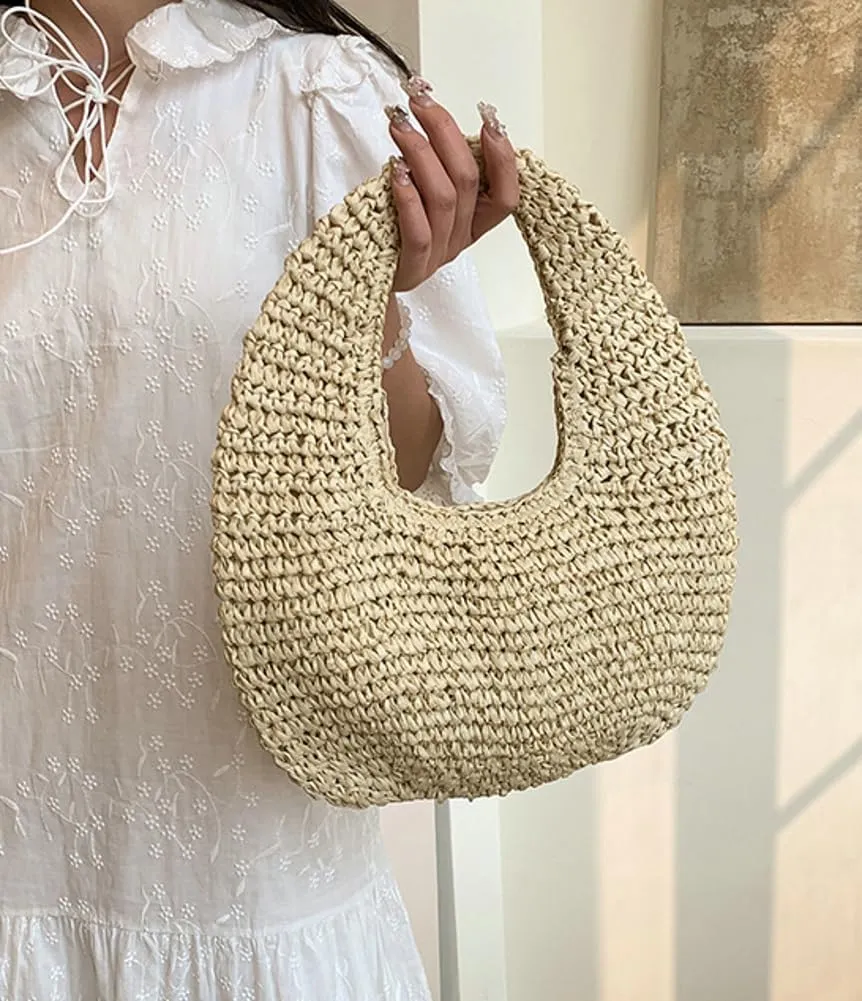 Raffia Tote Bag Women 2025 Summer Handbag Straw Woven Crescent Clutch Cloud Beach Purse Vacation Solid Hobo Shoulder Bag