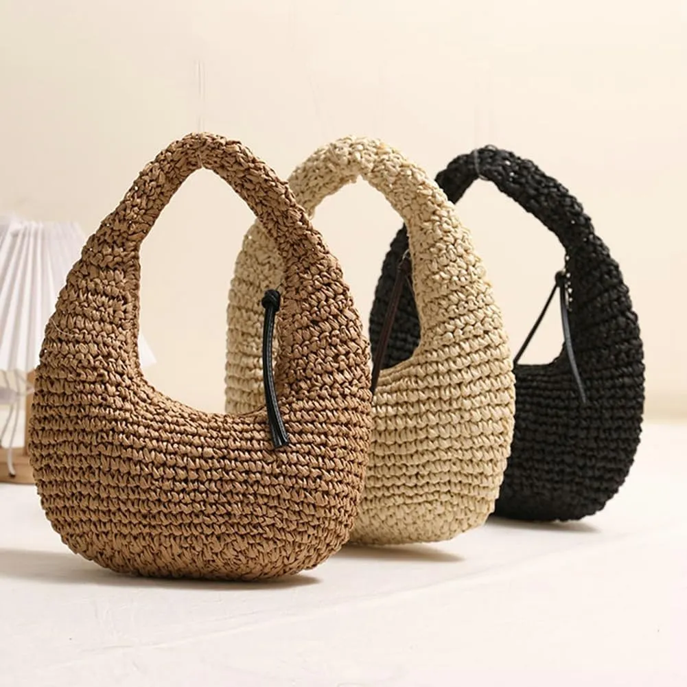 Raffia Tote Bag Women 2025 Summer Handbag Straw Woven Crescent Clutch Cloud Beach Purse Vacation Solid Hobo Shoulder Bag