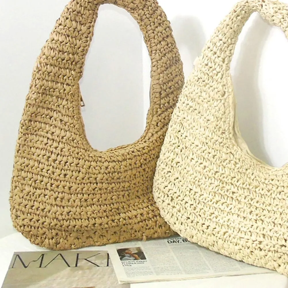 Raffia Tote Bag Women 2025 Summer Handbag Straw Woven Crescent Clutch Cloud Beach Purse Vacation Solid Hobo Shoulder Bag