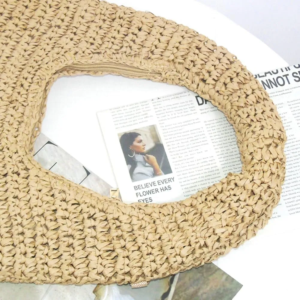 Raffia Tote Bag Women 2025 Summer Handbag Straw Woven Crescent Clutch Cloud Beach Purse Vacation Solid Hobo Shoulder Bag