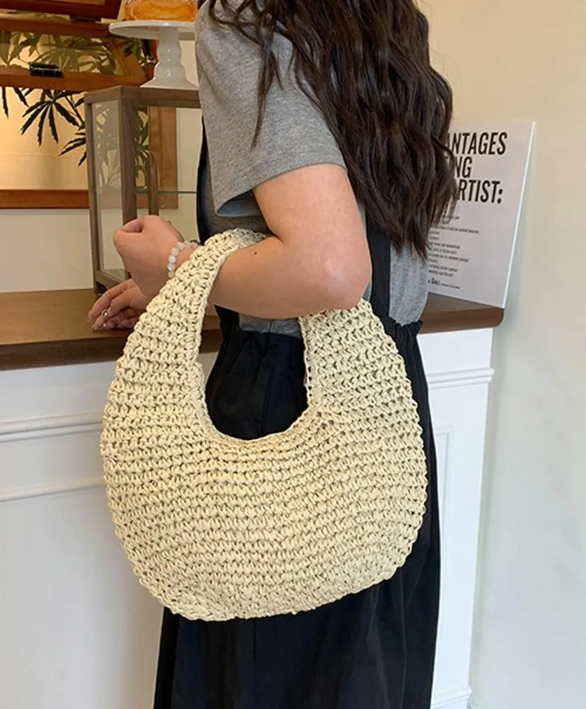 Raffia Tote Bag Women 2025 Summer Handbag Straw Woven Crescent Clutch Cloud Beach Purse Vacation Solid Hobo Shoulder Bag