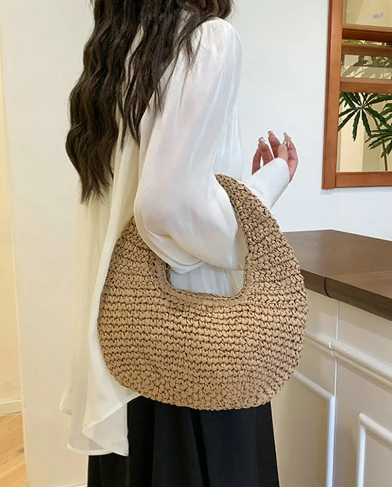 Raffia Tote Bag Women 2025 Summer Handbag Straw Woven Crescent Clutch Cloud Beach Purse Vacation Solid Hobo Shoulder Bag