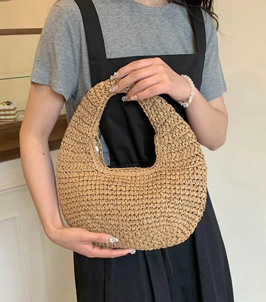 Raffia Tote Bag Women 2025 Summer Handbag Straw Woven Crescent Clutch Cloud Beach Purse Vacation Solid Hobo Shoulder Bag