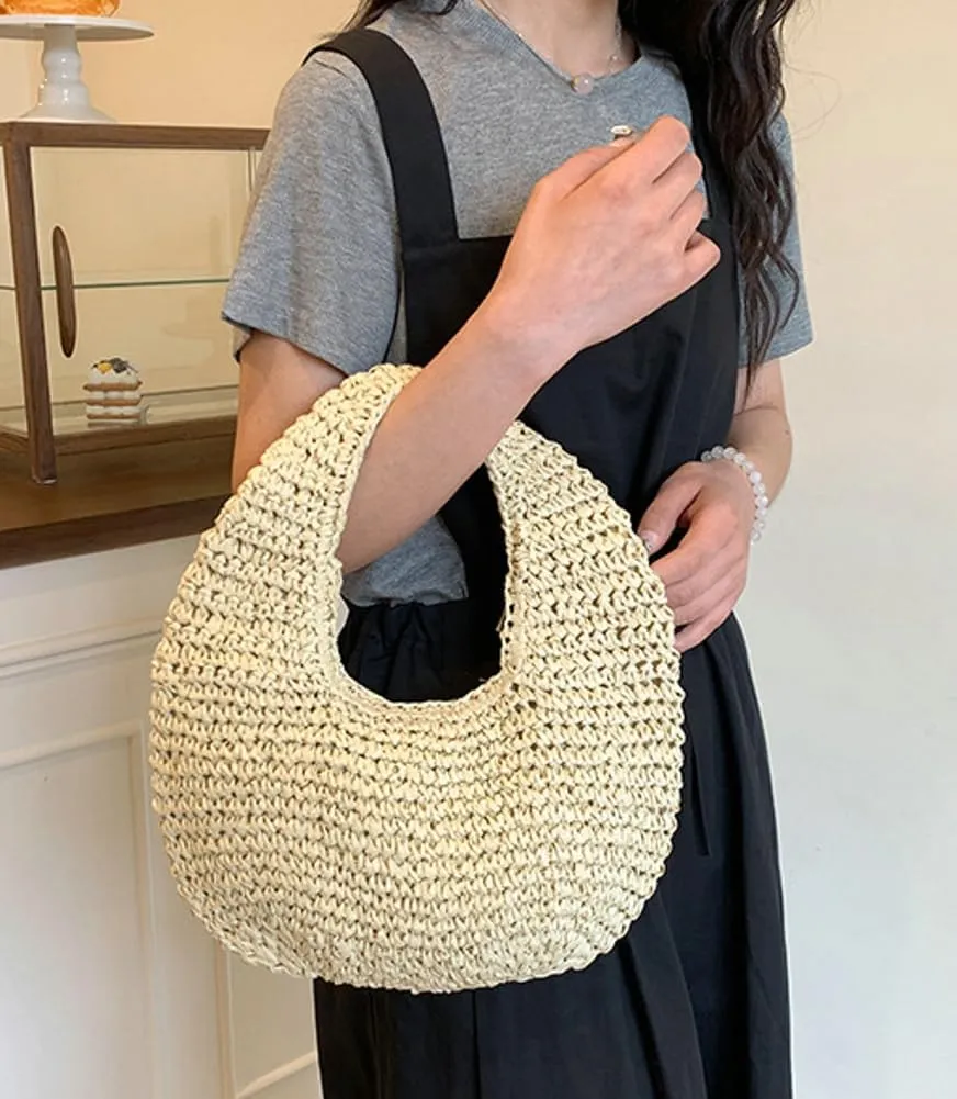 Raffia Tote Bag Women 2025 Summer Handbag Straw Woven Crescent Clutch Cloud Beach Purse Vacation Solid Hobo Shoulder Bag