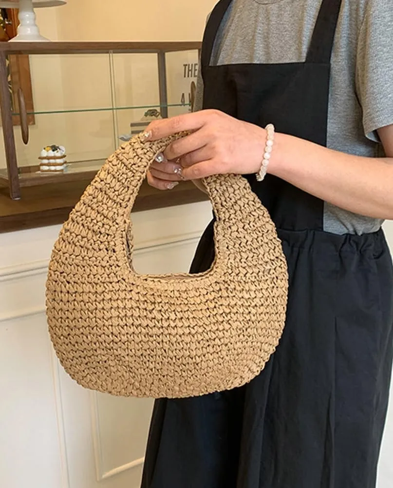Raffia Tote Bag Women 2025 Summer Handbag Straw Woven Crescent Clutch Cloud Beach Purse Vacation Solid Hobo Shoulder Bag