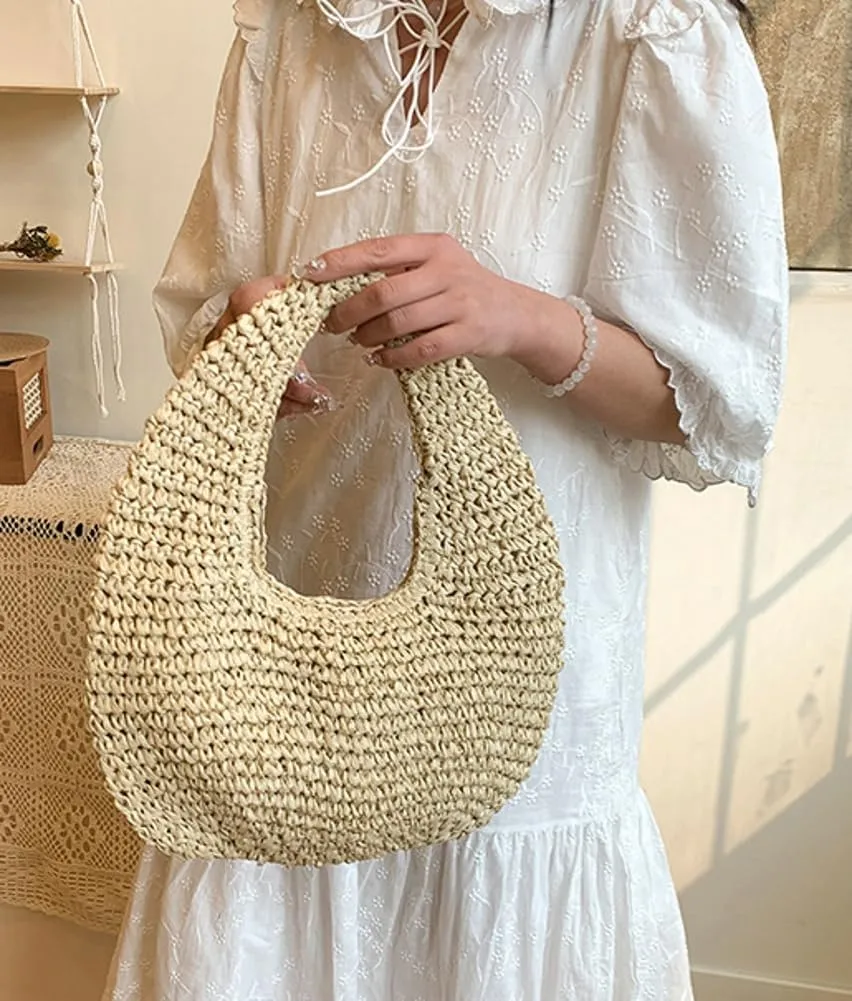 Raffia Tote Bag Women 2025 Summer Handbag Straw Woven Crescent Clutch Cloud Beach Purse Vacation Solid Hobo Shoulder Bag