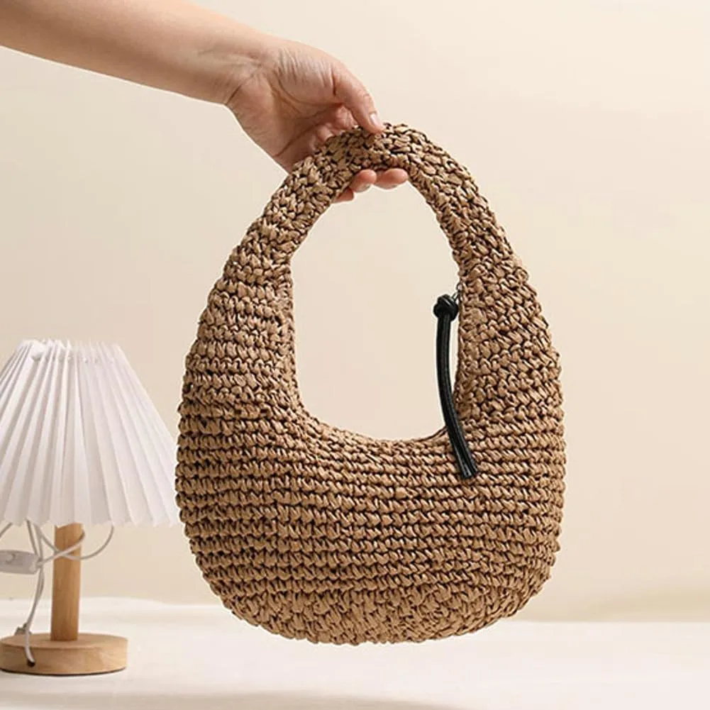 Raffia Tote Bag Women 2025 Summer Handbag Straw Woven Crescent Clutch Cloud Beach Purse Vacation Solid Hobo Shoulder Bag