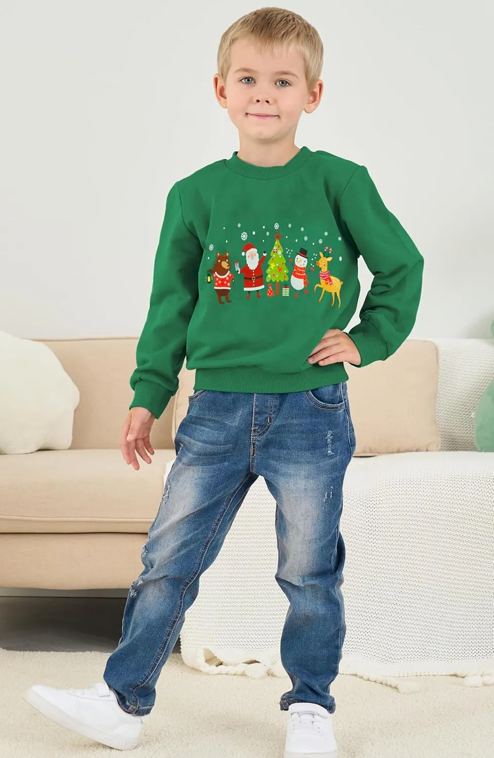 RETSUGO Toddler Boys Christmas Sweatshirts Kids Ugly Sweaters Reindeer Long Sleeve Xmas Fleece Pullover Tops Trucks Shirts
