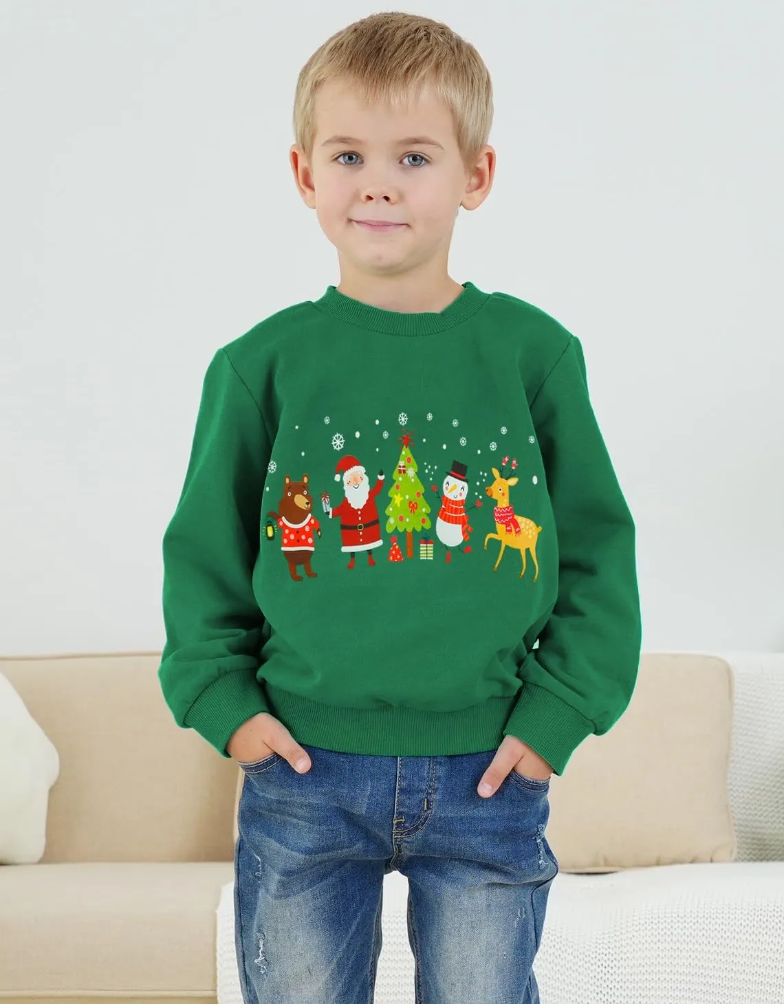 RETSUGO Toddler Boys Christmas Sweatshirts Kids Ugly Sweaters Reindeer Long Sleeve Xmas Fleece Pullover Tops Trucks Shirts