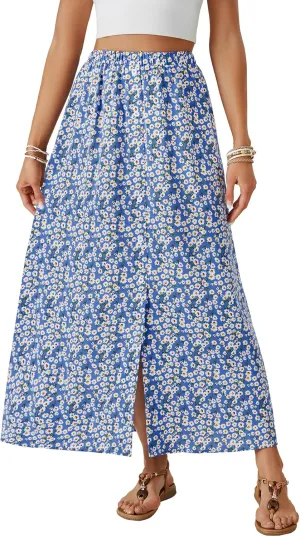 Rooscier Women's Floral Boho Split High Waist Elastic Button A Line Long Skirt