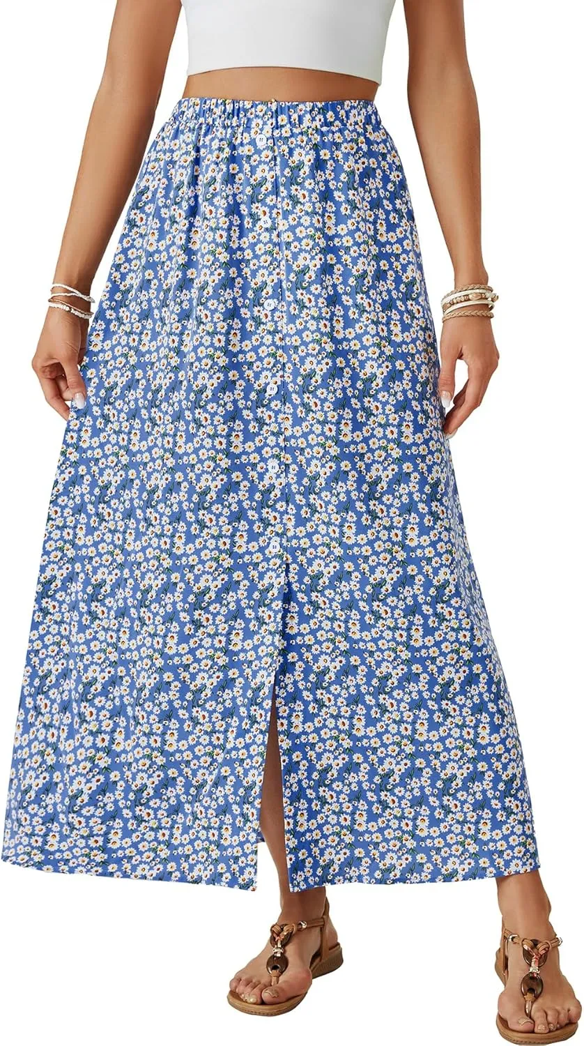 Rooscier Women's Floral Boho Split High Waist Elastic Button A Line Long Skirt