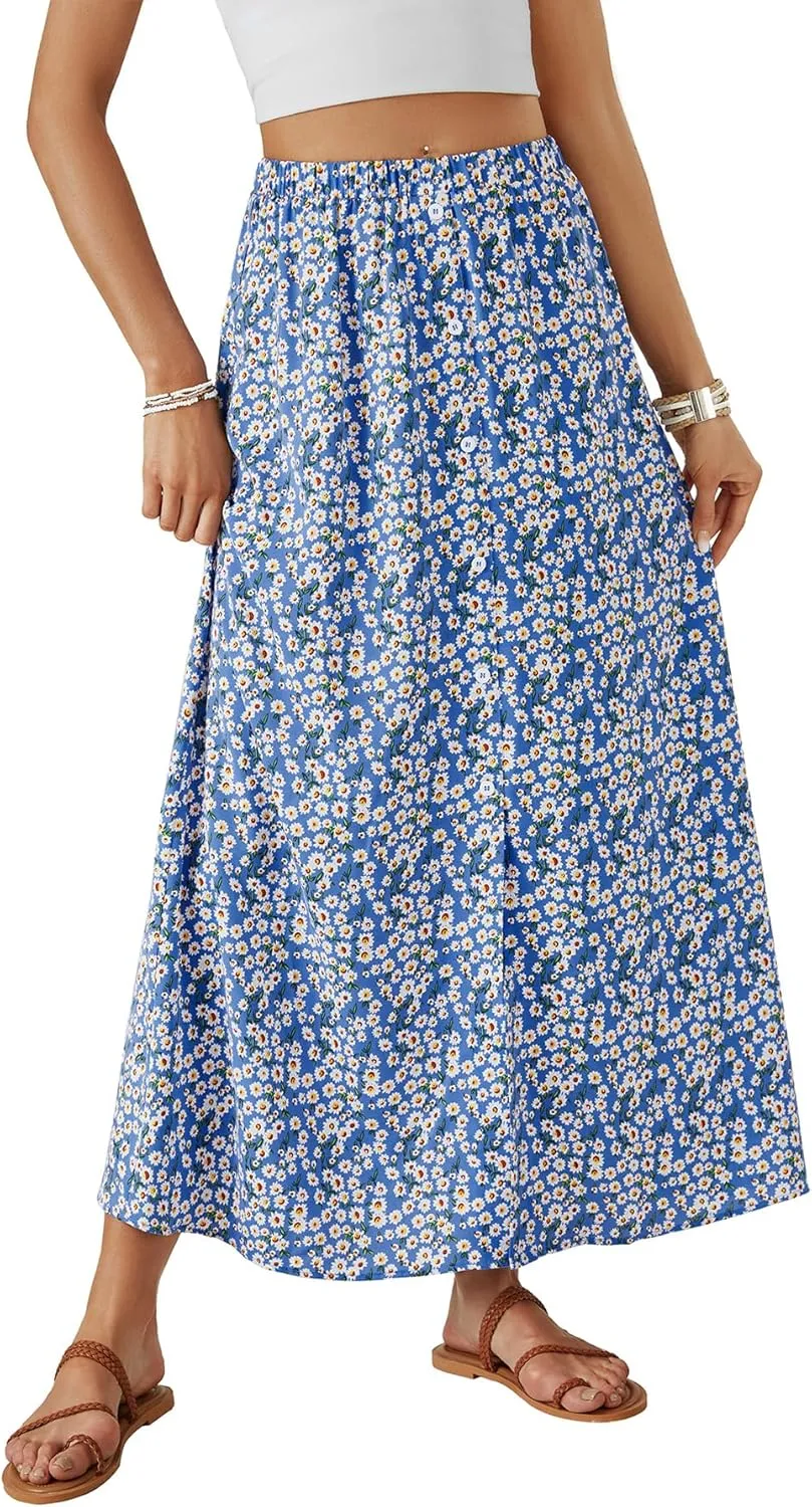 Rooscier Women's Floral Boho Split High Waist Elastic Button A Line Long Skirt