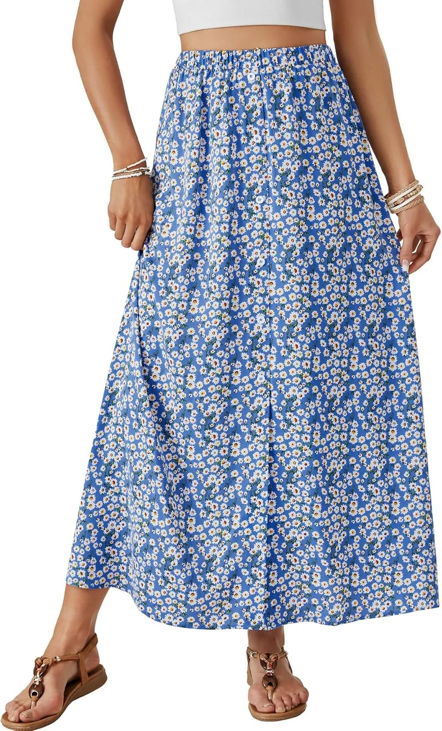 Rooscier Women's Floral Boho Split High Waist Elastic Button A Line Long Skirt