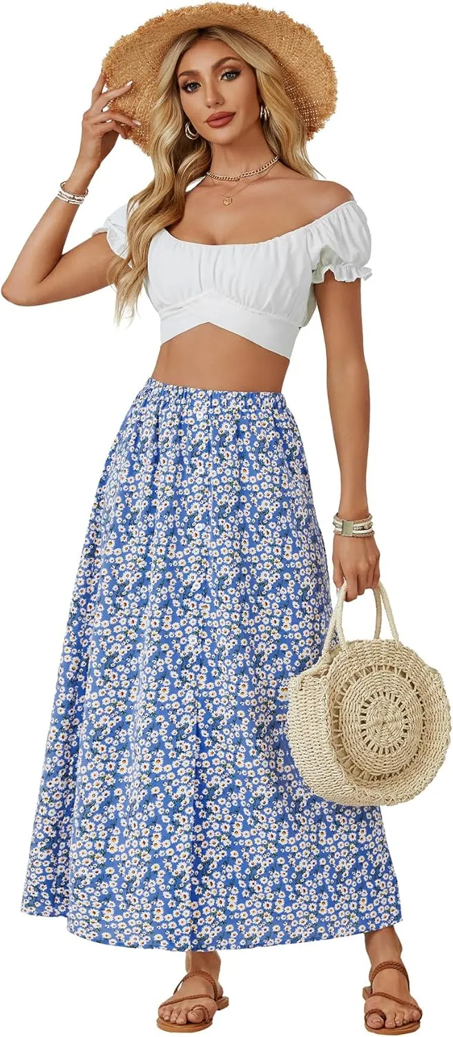 Rooscier Women's Floral Boho Split High Waist Elastic Button A Line Long Skirt