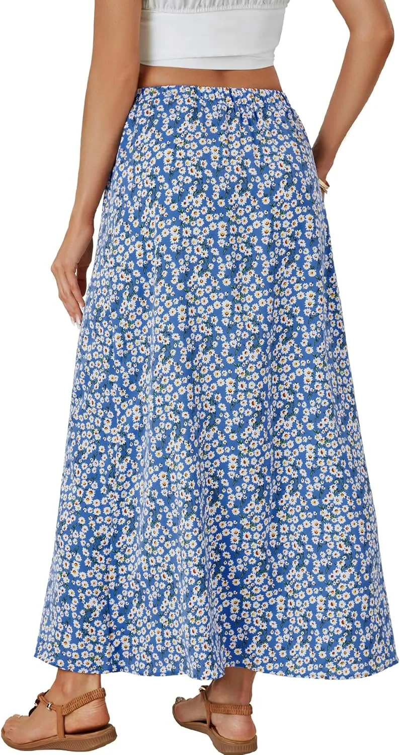 Rooscier Women's Floral Boho Split High Waist Elastic Button A Line Long Skirt