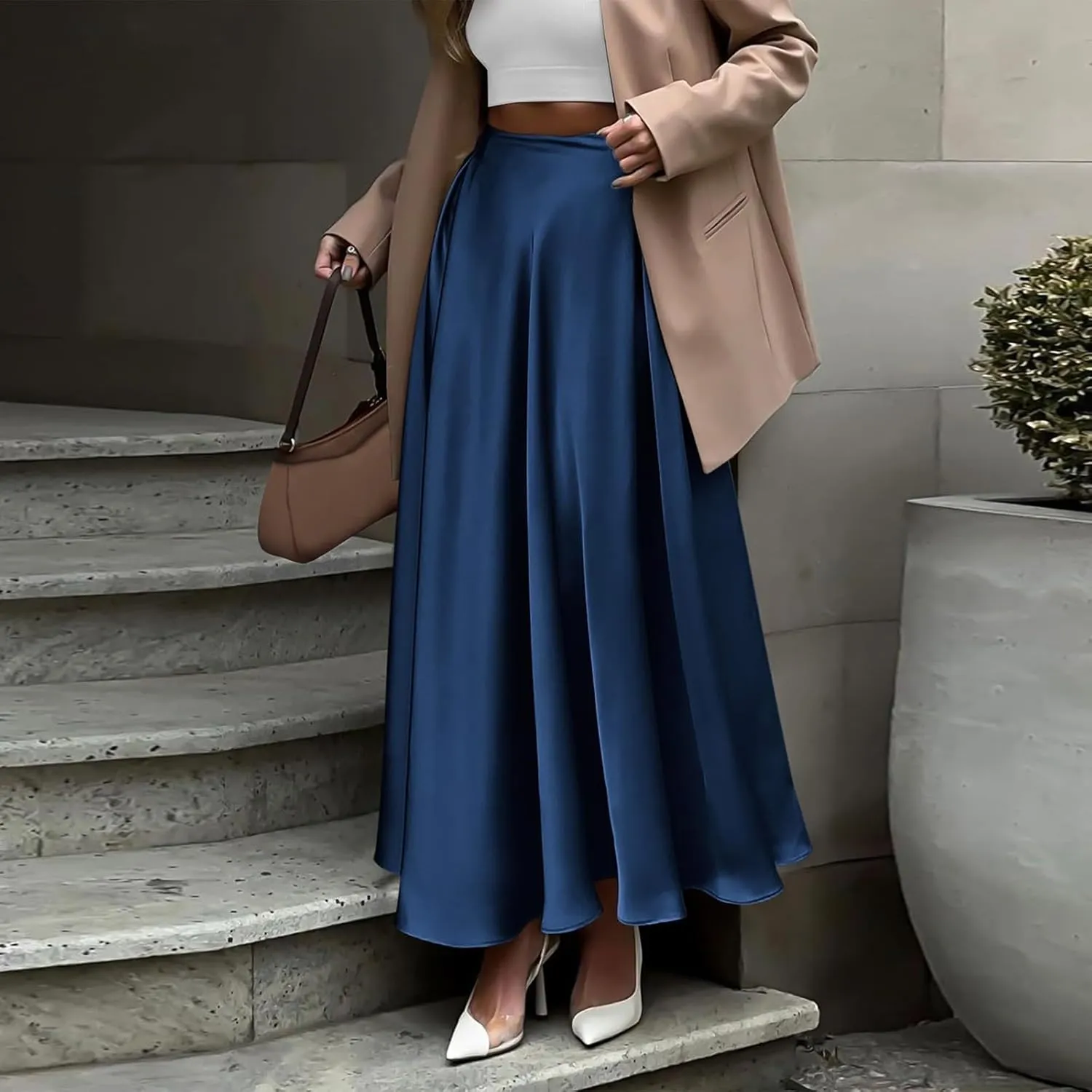 Satin Skirts for Women 2025 Summer Vacation Elastic High Waisted A Line Slip Skirt Elegant Work Office Flowy Long Maxi Skirt