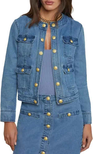 SCOFEEL Women's Denim Jacket Long Sleeve Round Neck Embossed Button Open Front Jean Jacket with Pockets
