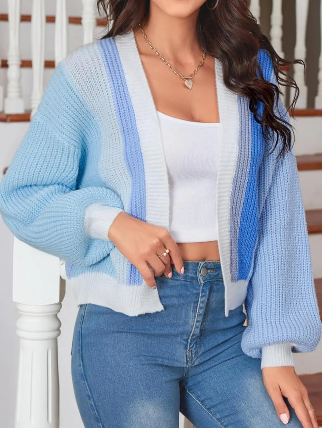 SHENHE Women's Color Block Open Front Long Sleeve Ribbed Knit Cropped Cardigan Sweaters