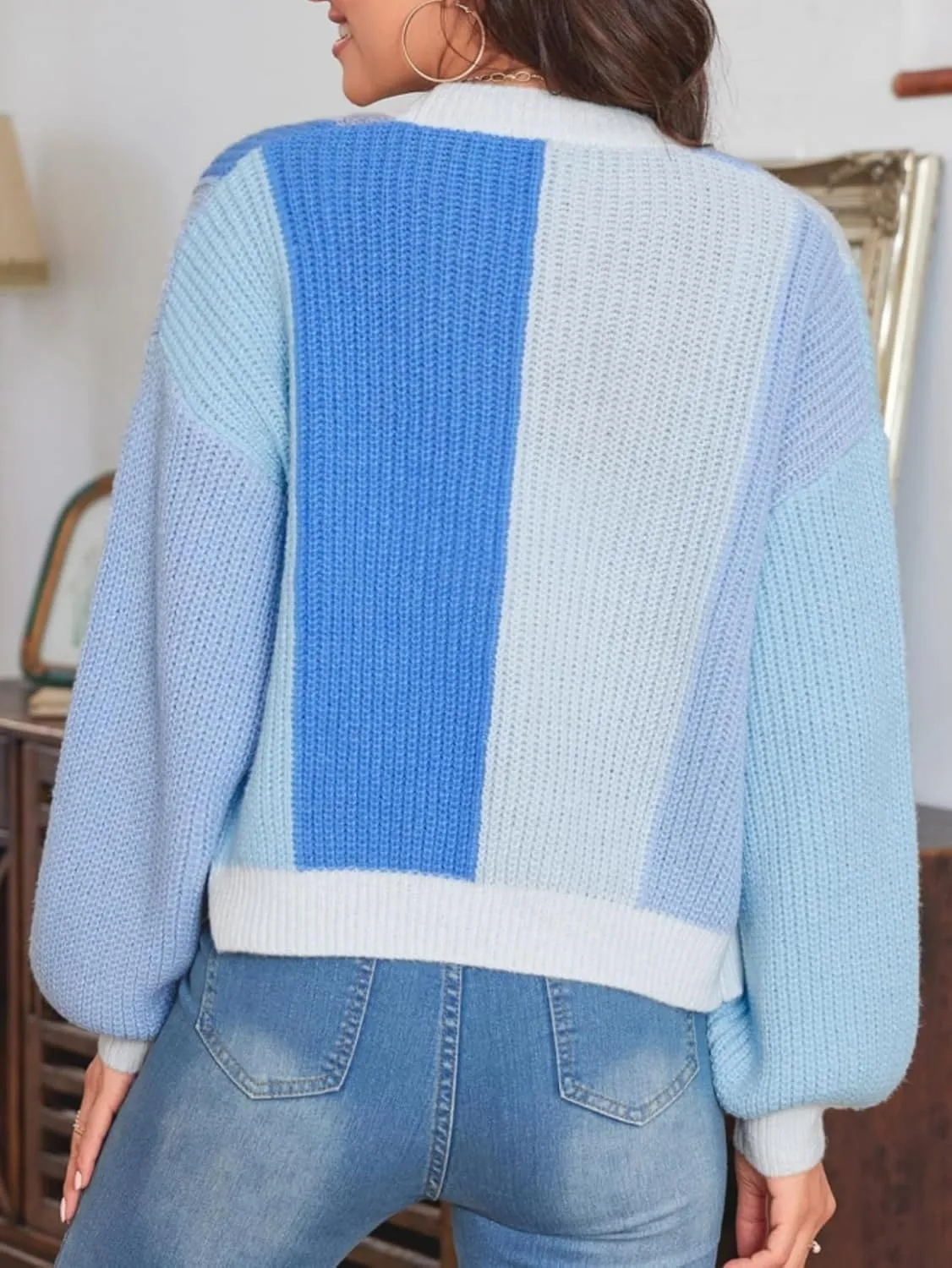 SHENHE Women's Color Block Open Front Long Sleeve Ribbed Knit Cropped Cardigan Sweaters