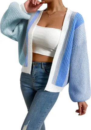 SHENHE Women's Color Block Open Front Long Sleeve Ribbed Knit Cropped Cardigan Sweaters