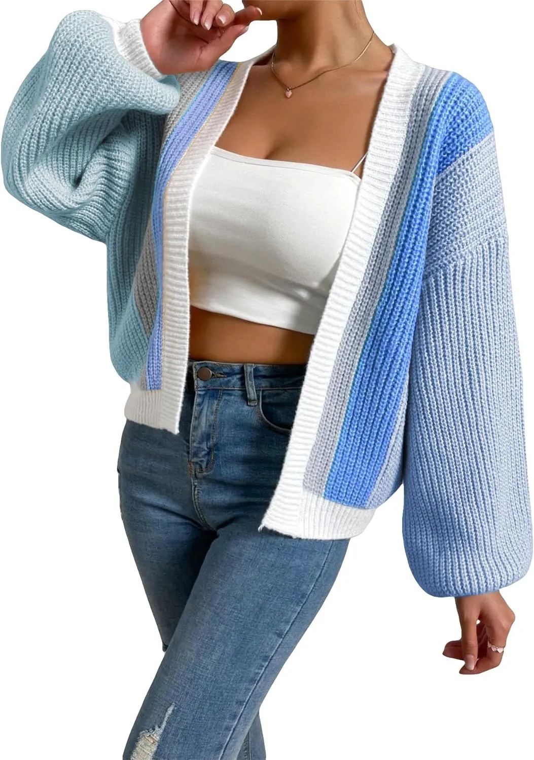 SHENHE Women's Color Block Open Front Long Sleeve Ribbed Knit Cropped Cardigan Sweaters