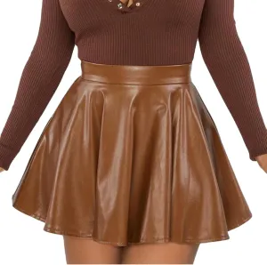 Short Pu Leather Skirts for Women Trendy Stretchy High Waisted Zipper Pleated A Line Casual Flowy Mini Skir